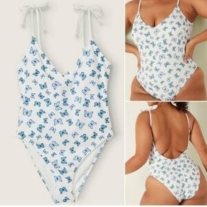 NWT PINK Victoria's Secret Blue butterfly White One Piece Swimsuit size XL